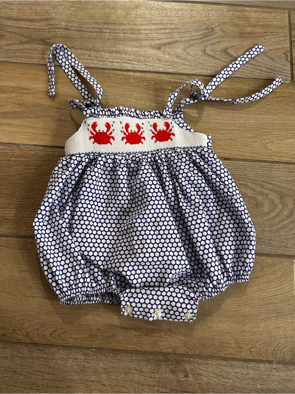 Classic Whimsy Navy Dot Baby Romper with Red Crab Smocking